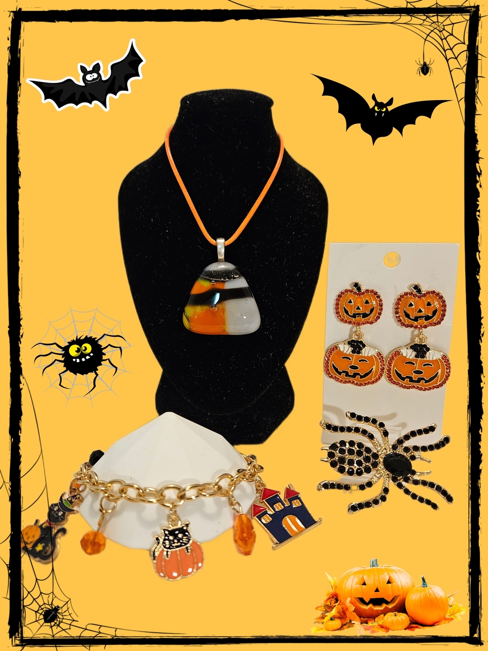 Dichroic Glass Pendant Necklace, Charm Bracelet, Spider Brooch Pumpkin Earrings